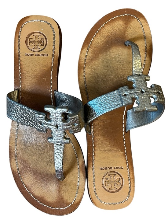 Tory Burch Shoes - Tory Burch Moore metallic pewter pebble leather thong sandals size 7.5